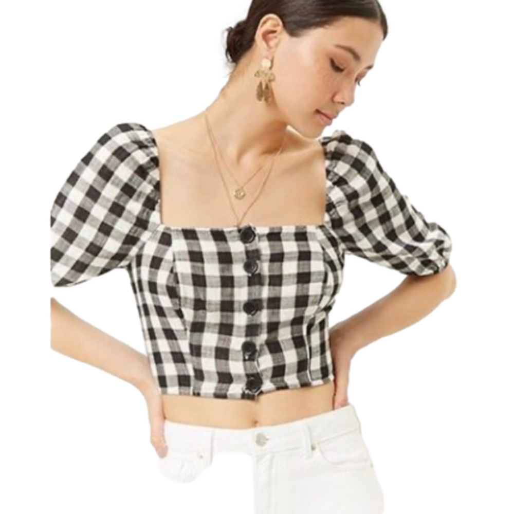 Forever 21 Puff Sleeve Black Ivory Crop Top Size Medium NWT